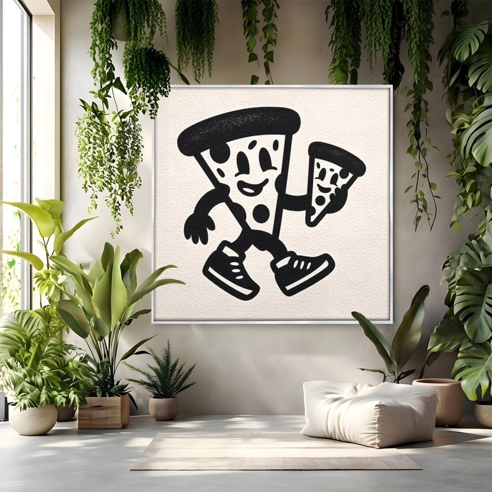 Tablou canvas cu ilustratie retro cu mascota pizza, in rama de aluminiu argintiu
